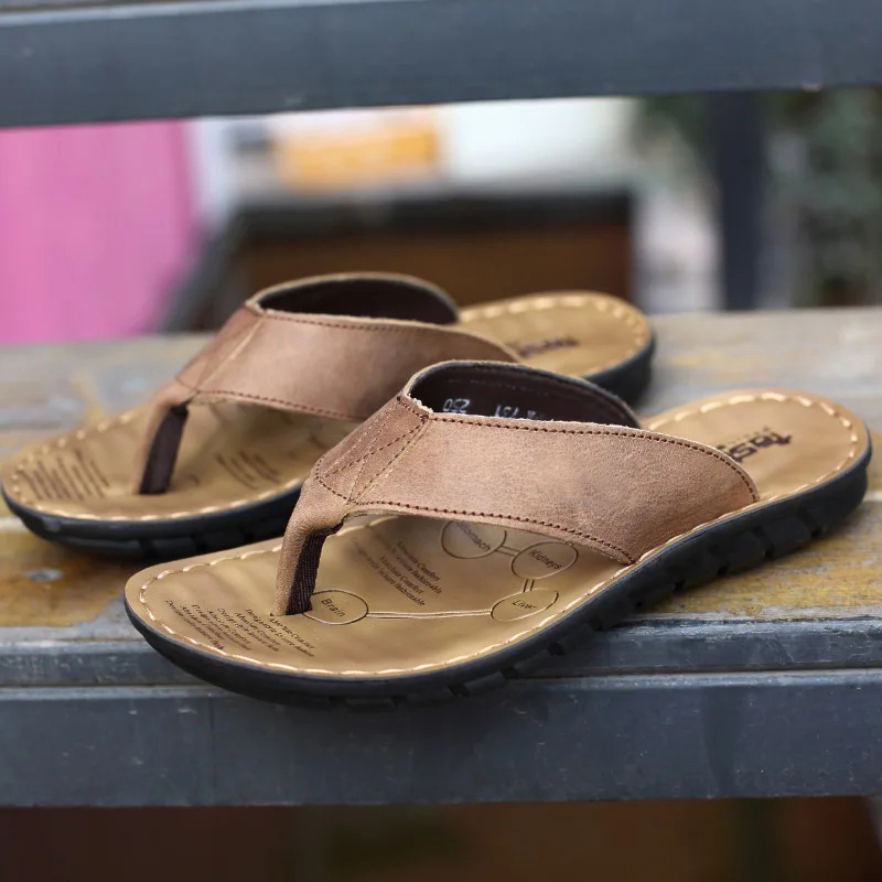Flip Flop Leather Men - Roma rétro homme pantoufle couleur unie