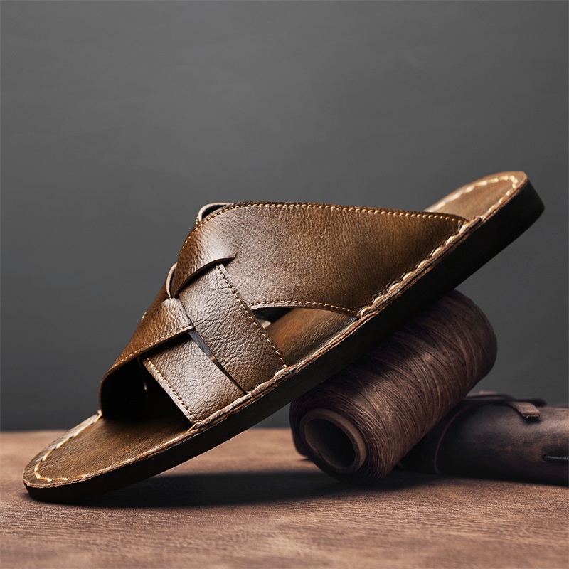 Pantoufles en cuir véritable p - Flip Flop Leather Men avis et prix